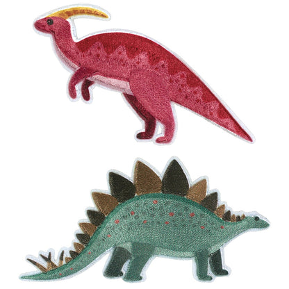 Strykemerker med motiv av Dinosaurer - én rød og én turkis