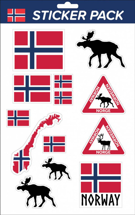 Norgespakke med klistremerker; Norsk Flagg, Elg Og Kart