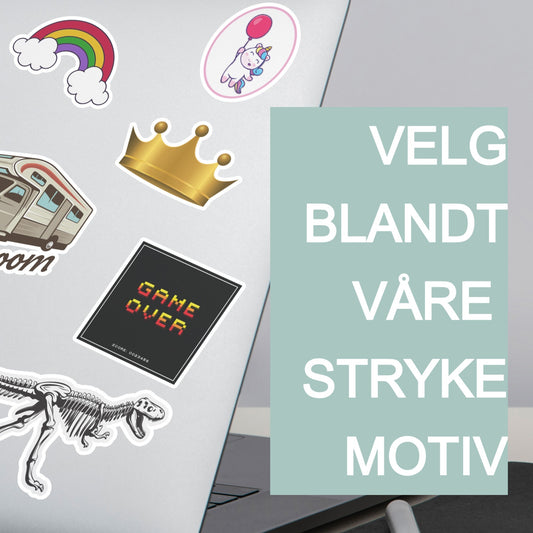 Klistremerker Fritt Valg; velg mellom vårt utvalg av strykemotiv og få det i klistremerke