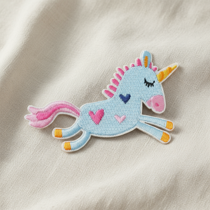 Strykelapp Lyseblå ENHJØRNING MED HJERTER