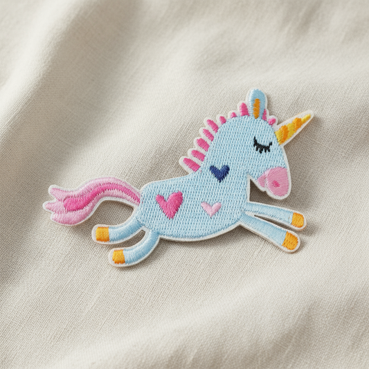 Strykelapp Lyseblå ENHJØRNING MED HJERTER